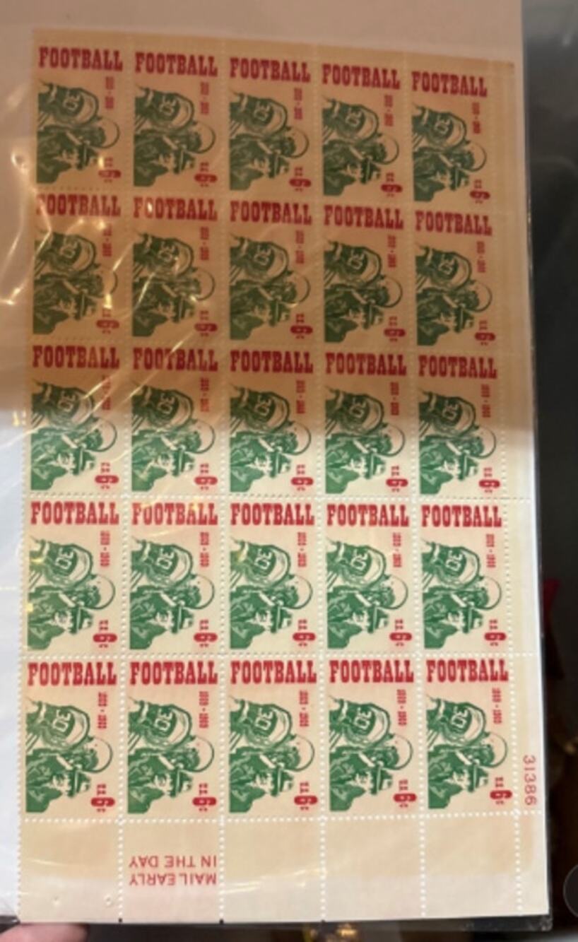 Vintage 1969 Football 6 Cent Stamp Sheet 25 Stamps 1939-1969 Unused